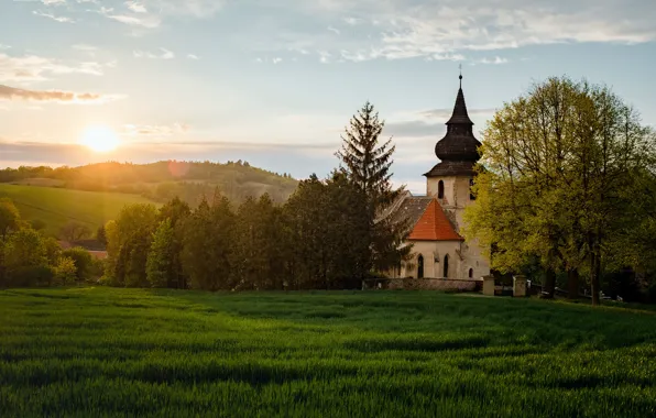 Картинка деревья, пейзаж, закат, природа, холмы, Чехия, церковь