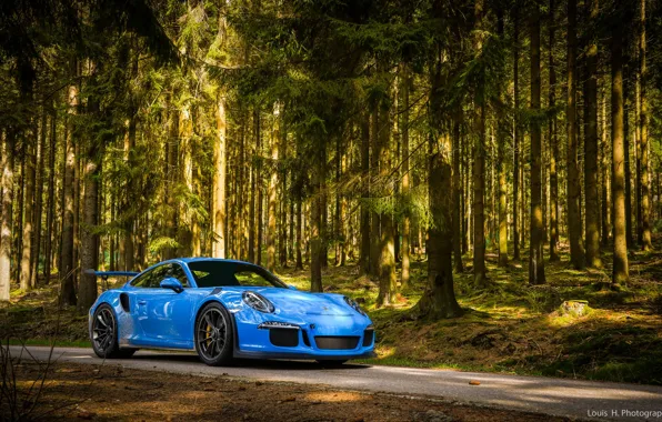 Картинка 911, Porsche, Blue, Green, Evening, GT3 RS, Forest, VAG