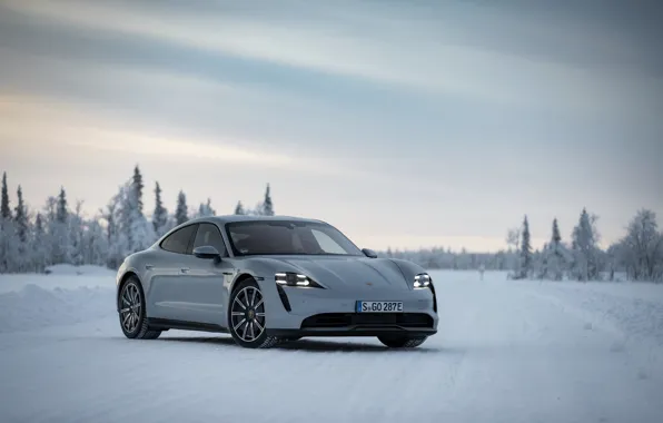 Картинка снег, серый, Porsche, на дороге, 2020, Taycan, Taycan 4S
