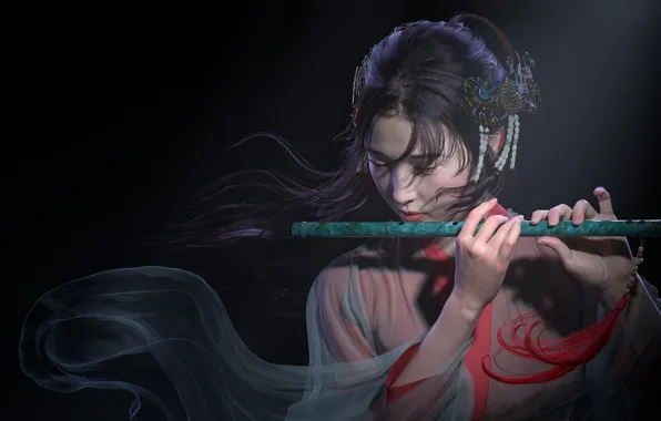 Картинка девушка, арт, флейта, музыкант, Qi Sheng Luo