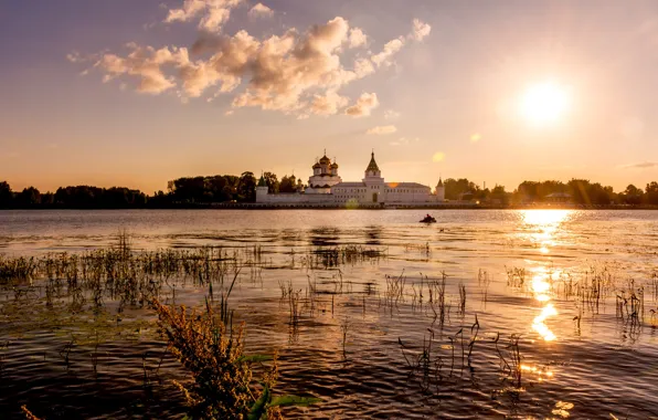Картинка солнце, пейзаж, закат, вечер, Кирилло-Белозерский монастырь, Сиверское озеро
