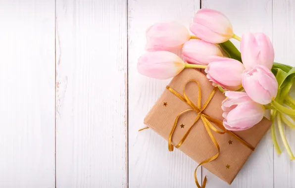 Картинка цветы, подарок, букет, тюльпаны, love, розовые, fresh, pink, flowers, romantic, tulips, spring, gift box