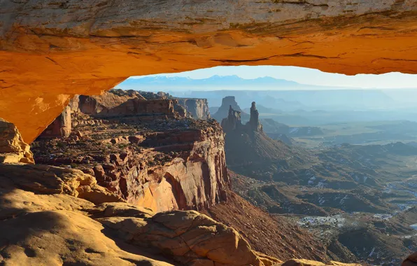 Картинка USA, landscape, nature, rocks, canyon, Utah, cave, mist, Canyonlands National Park