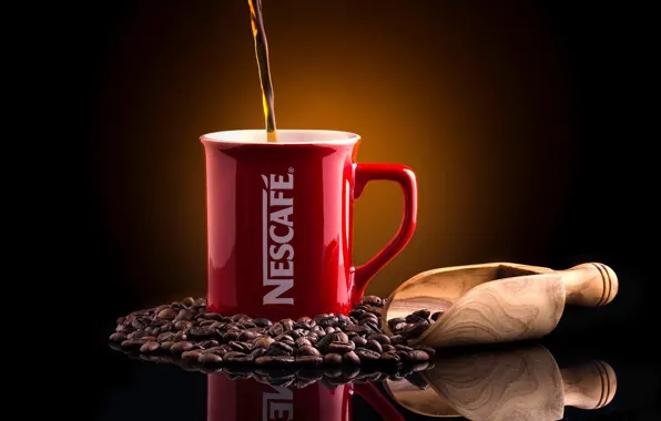 Картинка отражение, фон, кофе, кружка, кофейные зёрна, совок, Nescafé