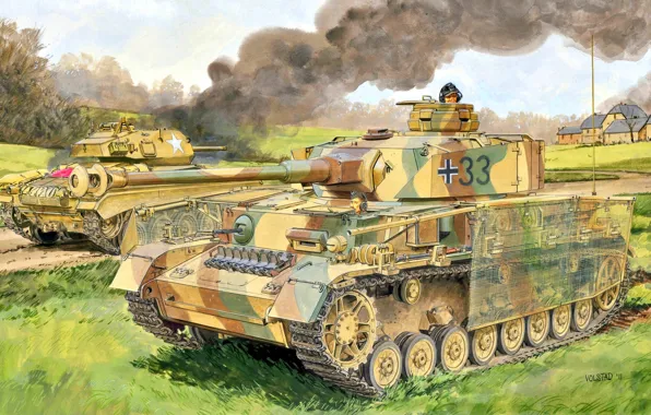 Картинка Дым, танкист, US Army, Вторая Мировая война, Panzerwaffe, Чаффи, Pz.Kpfw IV Ausf J, лёгкий танк …