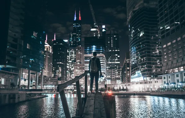 Картинка ночь, город, человек, Чикаго, фотограф, США, боке