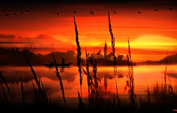Картинка Birds, Render, Water, Sunset, River, Lake, Boat, PHASES ARTS