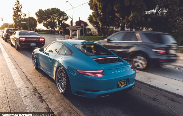 Картинка дорога, машины, город, голубой, 911, Porsche