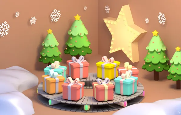 Картинка рендеринг, настроение, подарок, Новый год, ёлочка, снежинка, Christmas gifts, артЮ, Tzuyu Kao