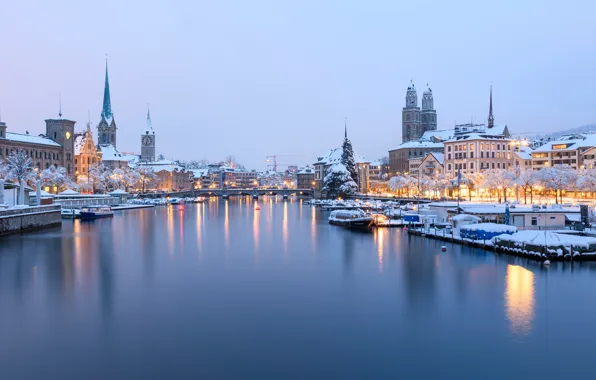 Картинка зима, река, здания, дома, Швейцария, причал, Switzerland, Zürich, Цюрих, Limmat River, Река Лиммат