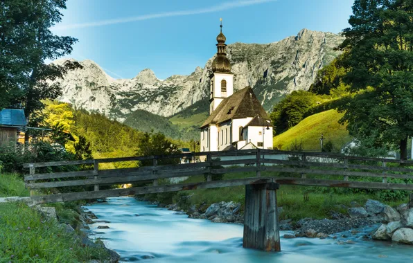 Картинка фото, Мост, Город, Река, Германия, Бавария, Церковь, Храм, Ramsau
