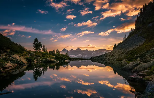 Картинка небо, горы, озеро, отражение, рассвет, утро, Австрия, Альпы, Austria, Alps, Штирия, Mirror Lake, Styria, Зеркальное …