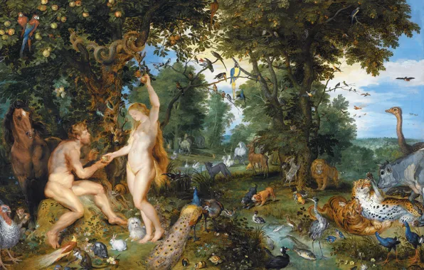 Картинка небо, деревья, птицы, звери, рай, яблоко, Питер Пауль Рубенс, эдемский сад, первородного грех, 1615 год, …