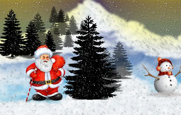 Картинка Зима, Снег, Рождество, Новый год, Санта Клаус, Ёлки, Снеговик