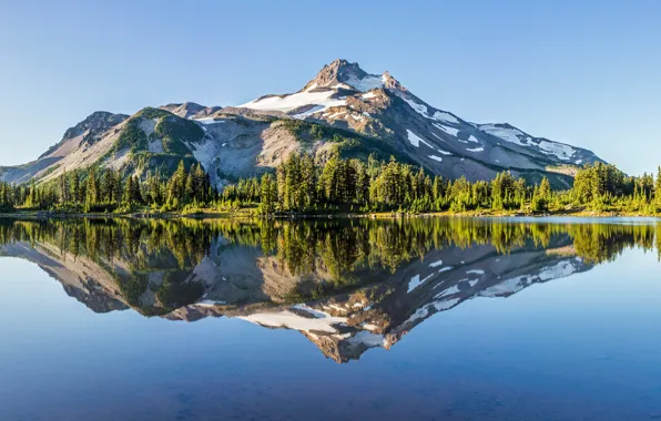 Картинка лес, горы, озеро, отражение, Орегон