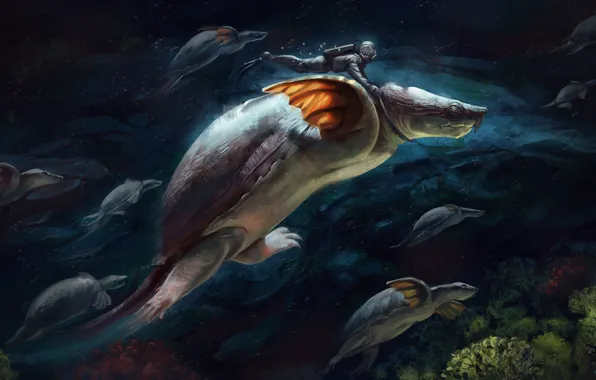Картинка фантастика, черепаха, арт, подводный мир, Illustrator, Alex Shiga, Exploring