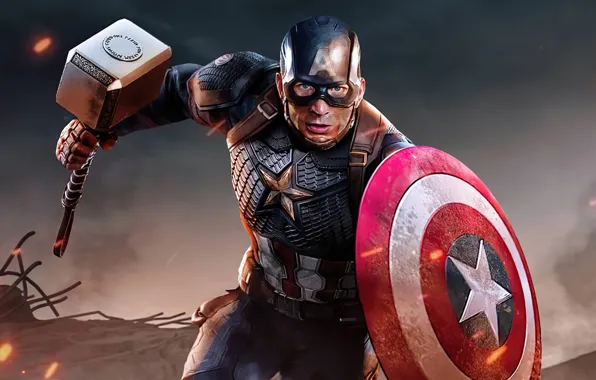 Картинка молот, герой, костюм, щит, Marvel, Captain America, Chris Evans