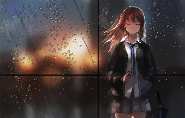 Картинка стекло, девушка, дождь, аниме