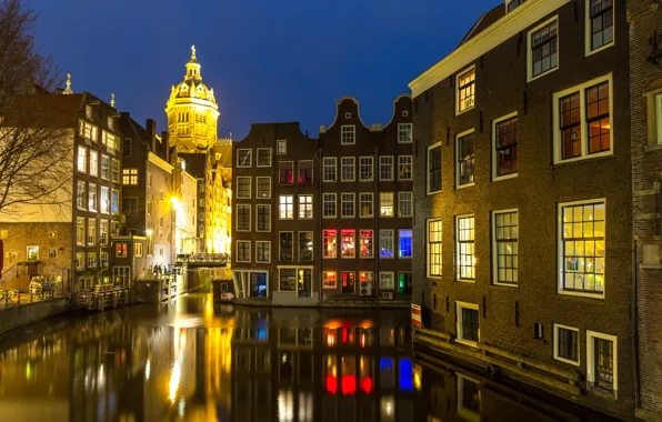 Картинка ночь, city, город, lights, огни, река, Амстердам, panorama, night, Amsterdam, Голландия, Netherlands, cityscape, Canal