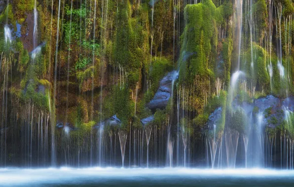 Картинка вода, природа, скала, водопад, мох, Калифорния, USA, США, waterfalls