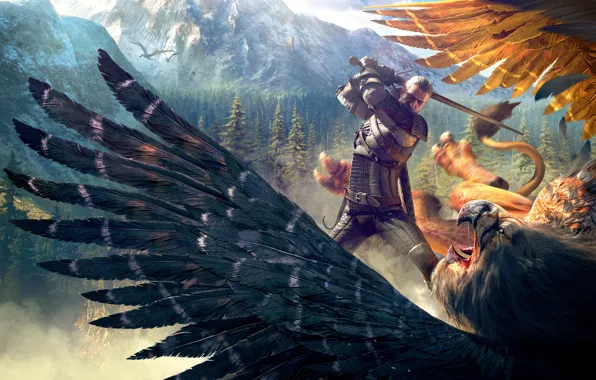 Картинка горы, птица, Лес, грифон, Ведьмак, Геральт, CD Projekt RED, The Witcher 3: Wild Hunt, Ведьмак …