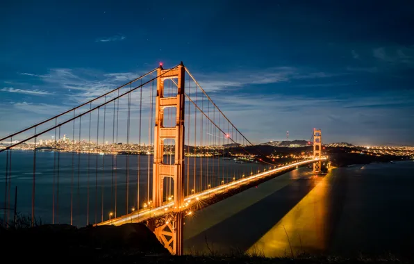 Картинка небо, вода, свет, ночь, мост, океан, звёзды, вечер, Золотые Ворота, Golden Gate Bridge, Bridge, Golden …