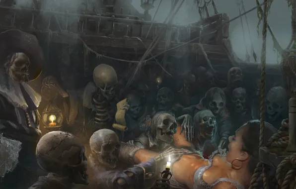 Картинка страх, жертва, свечи, кости, пираты, скелеты, Black Sun, The Flying Dutchman, Летучий Голландец, на корабле, …