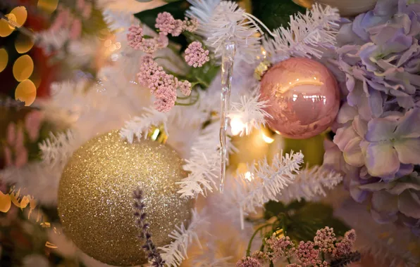 Картинка украшения, цветы, праздник, шары, игрушки, новый год, рождество, сосулька, ёлка, боке