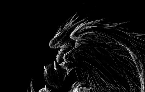 Картинка черно-белая, демон, падший ангел, рогатый, в темноте, черные крылья