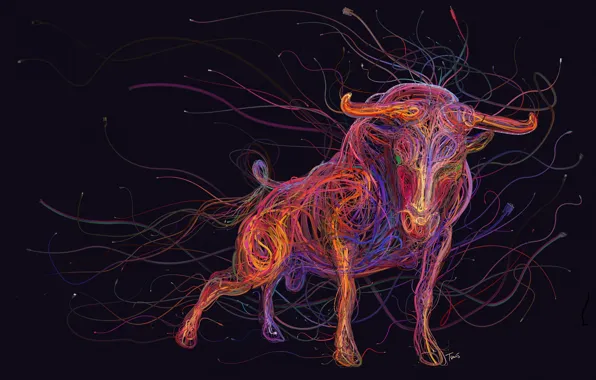 Картинка colorful, animals, art, painting, abstraction, rendering, digital art, bull, drawing, wires, cables, computer cables