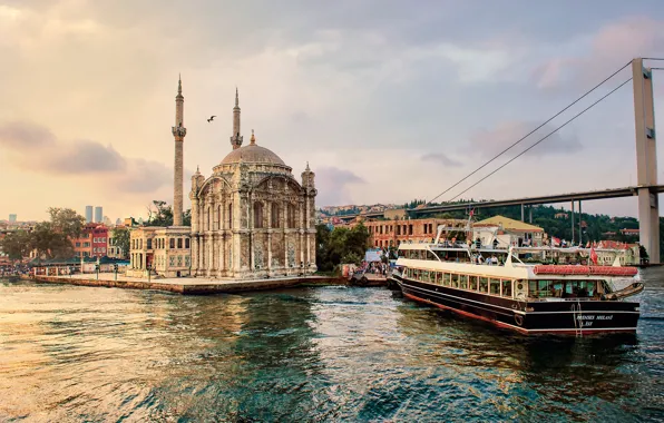 Картинка мост, мечеть, Стамбул, Турция, Istanbul, теплоход, Turkey, Bosporus, Ortaköy Mosque, Мост Султана Мехмеда Фатиха, Пролив …