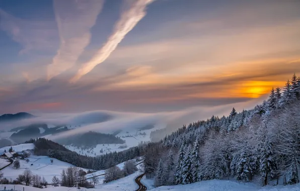 Картинка зима, закат, горы