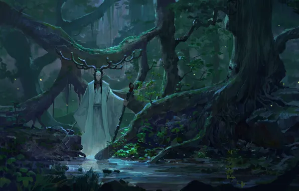 Картинка sword, fantasy, forest, rain, horns, trees, weapon, digital art, Druid, artwork, mask, plants, fantasy art, …