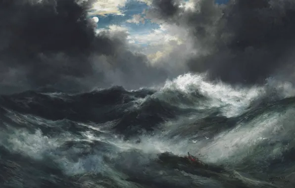 Картинка море, волны, свет, ночь, тучи, шторм, луна, картина, кораблекрушение, маринистика, thomas moran, moonlight shipwreck at …