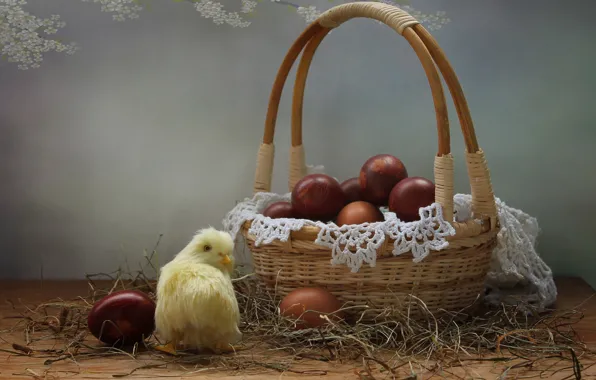 Картинка праздник, корзина, яйца, Пасха, цыплёнок, салфетка, крашенки, Ковалёва Светлана, Светлана Ковалёва
