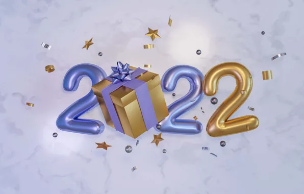 Картинка праздник, коробка, подарок, цифры, Новый год, бантик, звездочки, золотые, сиреневые, дата, сюрприз, надувные, сиреневый фон, …