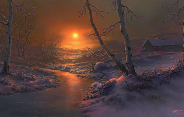 Картинка зима, снег, закат, река, дома, вечер, арт, берёзы, Fel-X