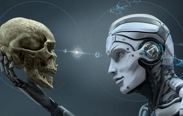 Картинка взгляд, череп, робот, технологии, skull, robot, изучение, look, study, digital world, цифровой мир, technologies, past …