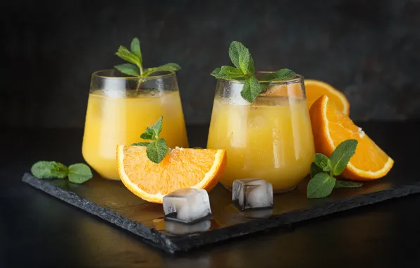 Картинка лёд, апельсины, сок, стаканы, натюрморт, мята, дольки, апельсиновый сок, кубики льда, Максим Чикунов