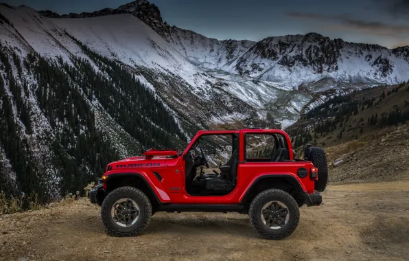 Картинка горы, красный, стоянка, профиль, 2018, Jeep, Wrangler Rubicon