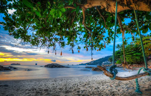 Картинка песок, море, пляж, деревья, качели, побережье, бутылки, Тайланд, Phuket, Thailand, Пхукет, Andaman Sea, Андаманское море, …