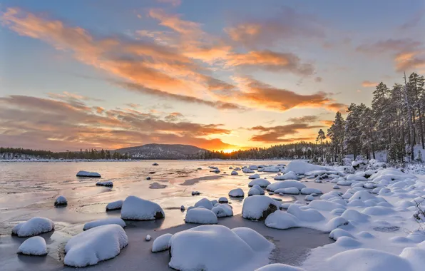 Картинка зима, небо, закат, озеро, Jorma Hevonkoski