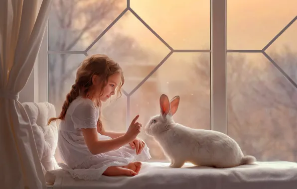 Картинка настроение, кролик, окно, девочка, белый кролик