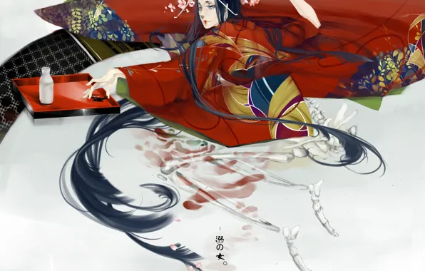 Картинка узор, Япония, гейша, скелет, одеяло, кимоно, длинные волосы, art, поднос, в постели, сакэ, Chhuang