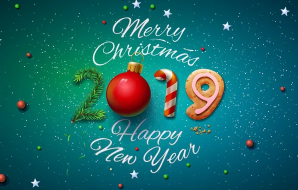 Картинка фон, графика, елка, шар, цифры, Новый год, 2019