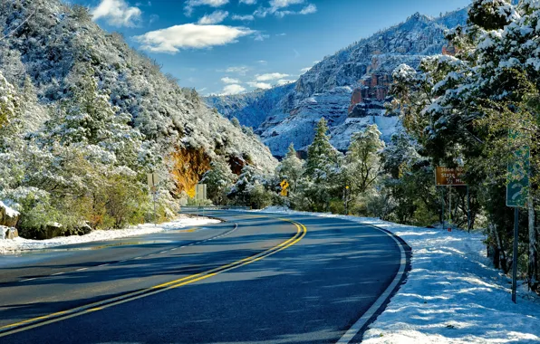 Картинка дорога, снег, деревья, скалы, Аризона, Arizona, Sedona, Седона