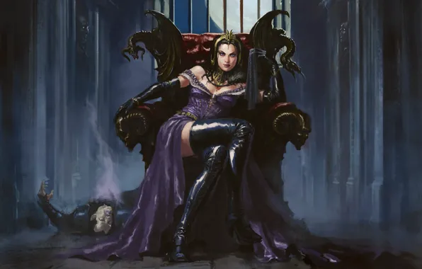Картинка девушка, маг, некромант, Liliana, Magic: The Gathering, сидит на троне