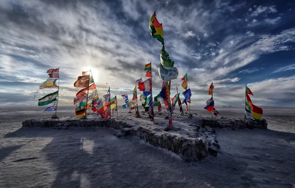 Картинка lake, Salar de Uyuni, salt, Flags, Bolivia
