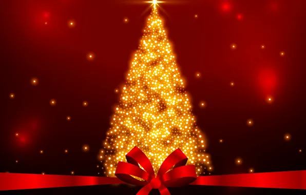 Картинка звезды, украшения, золото, елка, Рождество, Новый год, golden, christmas, new year, happy, бант, красный фон, …