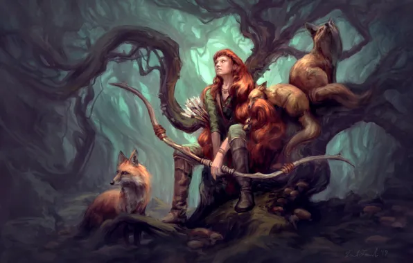 Картинка животные, девушка, природа, звери, дерево, арт, лисы, охотница, иллюстрация